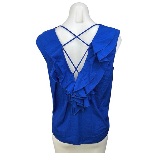 Zara Blue Sleeveless Pearl Embellished Frill Ruffle Lace Up Back Blouse Top XL - Picture 2 of 5